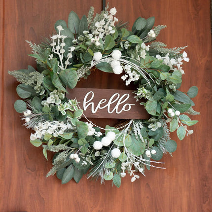 Winter Christmas Wreaths Front Door Decoration, Soomeir Artificial Wreath with Snow Leaves, Pines Needles and Hello Wooden Sign for Home Window Mantle Indoor Outdoor Decor