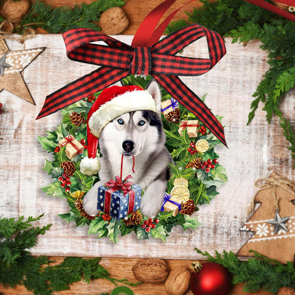 Talataca Siberian Husky Wearing Christmas Hat Wreath 2D Flat Christmas Tree Wood Ornament Decor Wooden Hanging Decoration House Present Xmas Eve Keepsake Decorative