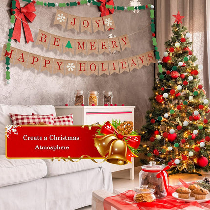 6 Pieces Christmas Burlap Banner Felt Pom Garland Banner Be Merry Bunting Banner Happy Holidays Banner Joy Bunting Banner for Holiday Birthday Anniversary Decoration (Brown)