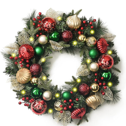 Valery Madelyn 24 Inch Pre-Lit Christmas Wreath for Front Door with Lights, Large Lighted Christmas Wreath with Red Green Gold Xmas Ball for Fireplace Window Outdoor Table Centerpiece Home Decoration