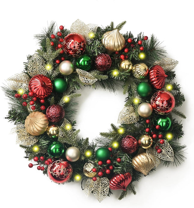 Valery Madelyn 24 Inch Pre-Lit Christmas Wreath for Front Door with Lights, Large Lighted Christmas Wreath with Red Green Gold Xmas Ball for Fireplace Window Outdoor Table Centerpiece Home Decoration