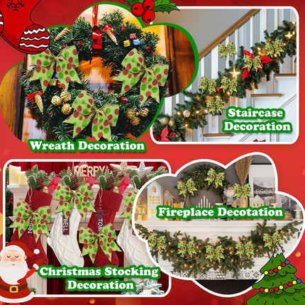 12 PCS Red Green Christmas Bows Decoration, 6 Inch Large Bow Ornaments for Christmas Tree, Bow Garland Christmas, Christmas Wreaths Bows Xmas Tree Elf Dot Bows Ribbons Ornaments for Party