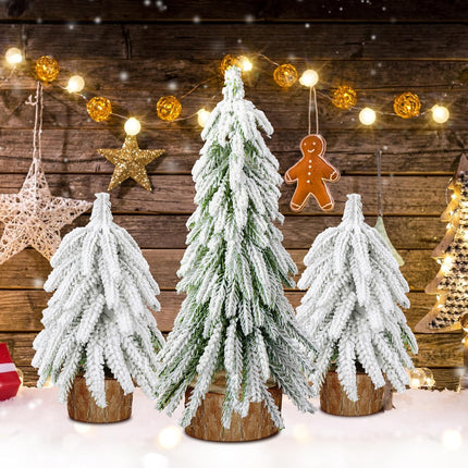Iceyyyy 3 Pcs Snow Tabletop Christmas Trees,2 Size Snow Flocked Mini Tabletop Pine Trees with Wooden Base,Artificial Desk Christmas Trees for Xmas Holiday Home Party Table Decorations