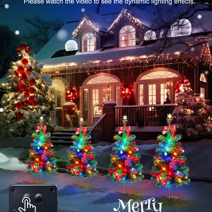 Solar Christmas Tree, 4 Packs Each 2.5 Ft Outdoor Lighted Christmas Tree with Multicolor Christmas Lights, Small Christmas Tree with Lights