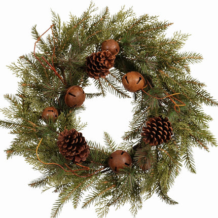 22-Inch Handcrafted Artificial Christmas Wreath with Pinecones, Rust Bell, and Lifelike Pine Branches Winter Holiday Wreath for Front Door and Home Décor, Indoor/Outdoor Seasonal Décor