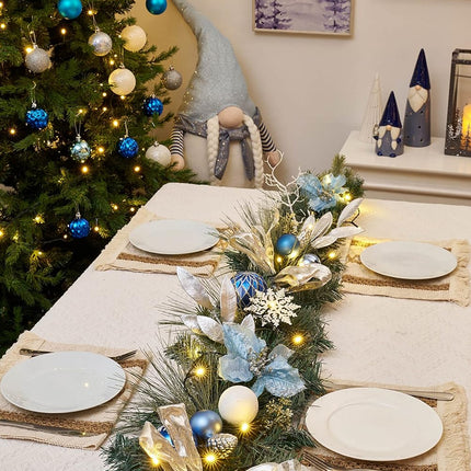 Valery Madelyn Pre-Lit Christmas Garland with Lights for Mantle, 6 feet Lighted Battery Operated Xmas Garland with Silver Light Blue Balls for Front Door Fireplace Table Centerpiece Outdoor Decor