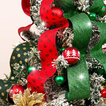 4 Rolls 32 yd Red Green Glitter Christmas Wired Ribbon Set, 2.5 inch x 8yd Polka Dot Satin Burlap Ribbon for Xmas Tree Décor, Wrap Box, Bow, Wreath, Garland, Floral DIY Craft