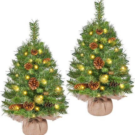 Yaheetech 2Pcs Pre-lit Artificial Mini Christmas Tree, 2ft Tabletop Small Xmas Tree w/12 Pinecones, 35 Warm White LED Lights, Cement Base, Battery-Operated Christmas Tree for Home Party Decor, Green