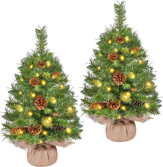 Yaheetech 2Pcs Pre-lit Artificial Mini Christmas Tree, 2ft Tabletop Small Xmas Tree w/12 Pinecones, 35 Warm White LED Lights, Cement Base, Battery-Operated Christmas Tree for Home Party Decor, Green
