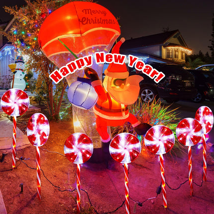 9 Pack Christmas Outdoor Decoration Lollipop Pathway Lights 28.7" Peppermint Candy Cane Walkway Lights 8 Modes Christmas Stake Light for Yard Path Garden Lawn Decor(White Red, White Light)