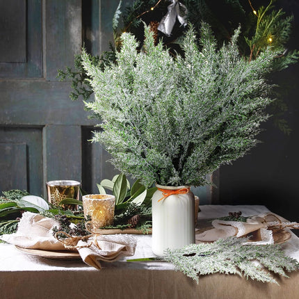 Yinder 12 Pcs 18.5 Inch Snowy Faux Cedar Branches Frosted Artificial Cedar Picks and Sprays Cedar Twigs Stems Christmas Greenery Stems Green Artificial Cedar Sprigs for Christmas Holiday (Classic)