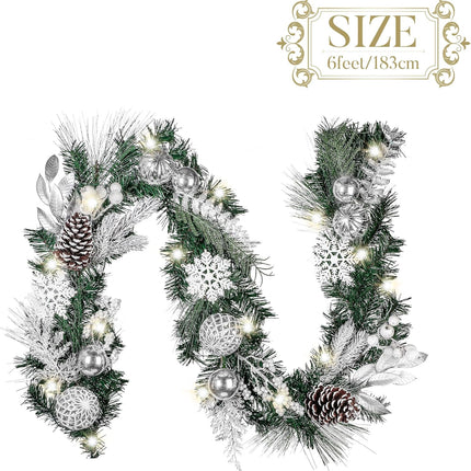 Valery Madelyn 6 feet Pre-Lit Christmas Garland with Lights for Mantle, Lighted Battery Operated Xmas Garland with Silver White Balls Snowflake for Front Door Fireplace Table Centerpiece Outdoor Decor