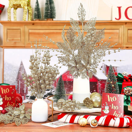 24Pcs 3 Styles Christmas Glitter Tree Picks and Sprays, Artificial Holly Berry Stems Decorations, Floral Twigs Sprays with Berries for Xmas Tree Wreath Decor, DIY Craft for Garland, Champagne Gold