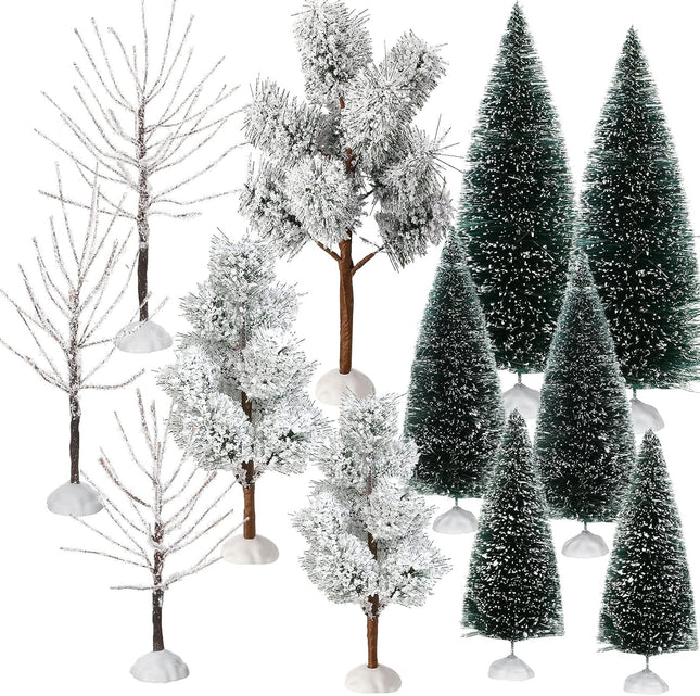 12 Pieces Christmas Tabletop Trees Halloween Village Trees Winter Snow Model Frost Trees Mini Trees Village Trees Christmas Tree Displays for Miniature Scenes Village Displays (Vivid Style)