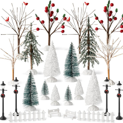 Haooryx 24pcs Mini Artificial Christmas Village Tree Accessories Miniature Pine Trees Park Bench Seat Snow Frost Trees Set Farmhouse Xmas Scene Figurines Decor Xmas Diy Crafts Village Collections
