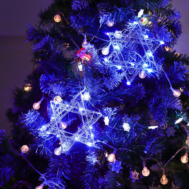 2 Pack Blue Star of David Hanukkah Ornament 5.5-Inch with 15LEDs Lights of String Mettal Design Hanging Decoration for Lighted Xmas Tree Menorah Premium Christmas Party Decor