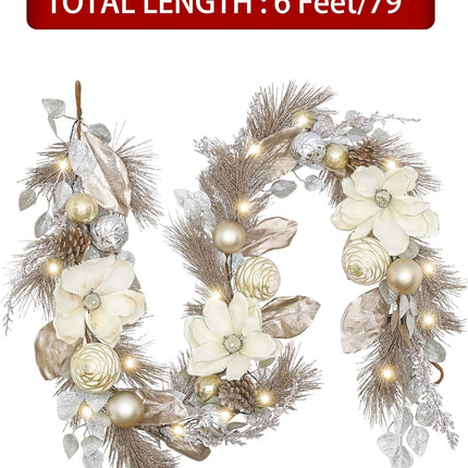 Valery Madelyn 6 feet Pre-Lit Christmas Garland with Lights for Mantle, Lighted Battery Operated Xmas Garland with Champagne Gold Balls for Front Door Fireplace Table Centerpiece Outdoor Window Decor
