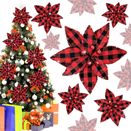 Syhood 12 Pieces Buffalo Plaid Poinsettias Christmas Tree Ornaments Artificial Christmas Flowers with Glitter Powder for Christmas Tree Wreaths Garland Holiday Decorations 6.7 Inch (Red and Black)