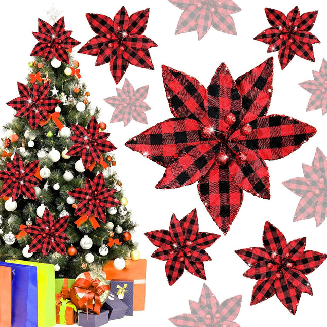 Syhood 12 Pieces Buffalo Plaid Poinsettias Christmas Tree Ornaments Artificial Christmas Flowers with Glitter Powder for Christmas Tree Wreaths Garland Holiday Decorations 6.7 Inch (Red and Black)