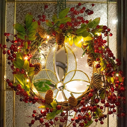 Red Co. 22” Light-Up Christmas Wreath with Red Cranberries, Pinecones & Leaves, Battery-Operated LED Lights with Timer