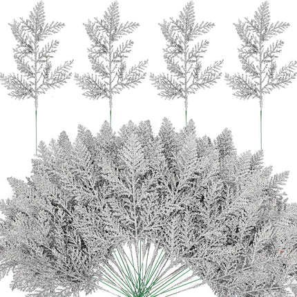 Watayo 45 Pcs Glitter Artificial Pine Needles- 10.6" Fake Foliage Pine Stems Picks- Silver Leaves Artificial Flowers Picks for Christmas DIY Garland Wreath Home Garden Decoration