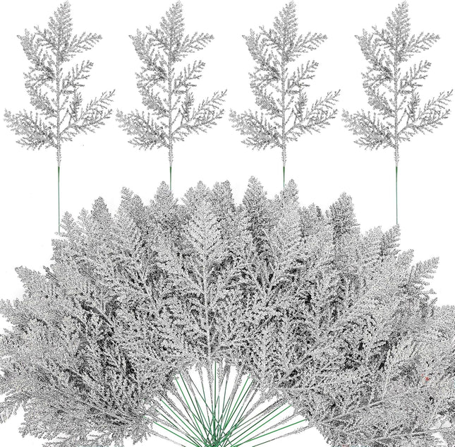 Watayo 45 Pcs Glitter Artificial Pine Needles- 10.6" Fake Foliage Pine Stems Picks- Silver Leaves Artificial Flowers Picks for Christmas DIY Garland Wreath Home Garden Decoration
