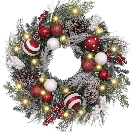 Valery Madelyn Pre-Lit Christmas Wreath for Front Door with Lights, 24 Inch Large Lighted Christmas Wreath with Red White Xmas Ball for Fireplace Window Outdoor Table Centerpiece Holiday Decoration
