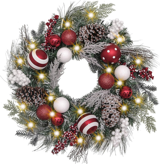 Valery Madelyn Pre-Lit Christmas Wreath for Front Door with Lights, 24 Inch Large Lighted Christmas Wreath with Red White Xmas Ball for Fireplace Window Outdoor Table Centerpiece Holiday Decoration
