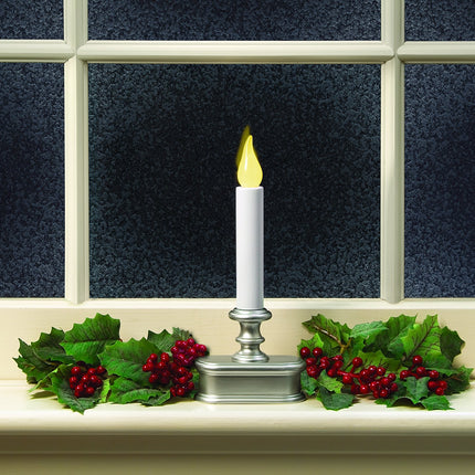 FPC1221P Battery Operated LED Dusk to Dawn Window Candle Polycarbonate, with Realistic Amber Flame, Pewter