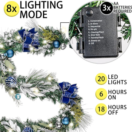 Valery Madelyn 6 feet Pre-Lit Christmas Garland with Lights for Mantle, Lighted Battery Operated Xmas Garland with Silver Blue Balls Ribbons for Front Door Fireplace Table Centerpiece Outdoor Decor