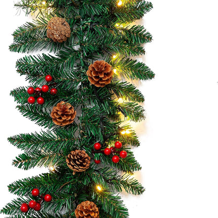 Joiedomi 9Ft Artificial Christmas Garland Prelit with LED Lights, 27 Pine Cones, 27 Red Berries for Home & Office Christmas Indoor and Outdoor Decorations (Battery Powered, Batteries not Included)
