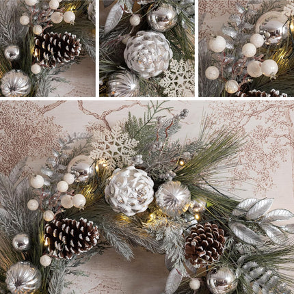 Valery Madelyn 24 Inch Pre-Lit Christmas Wreath for Front Door with Lights, Large Lighted Christmas Wreath with Silver Xmas Balls Snowflakes for Fireplace Window Outdoor Table Centerpiece Decoration