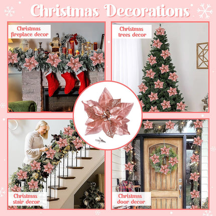 Geefuun 15PCS Christmas Tree Decorations Poinsettias Artificial Flowers Ornaments: Large Size 8.7” Xmas Glitter Flower with Clips Plus Stems (Rose Gold)