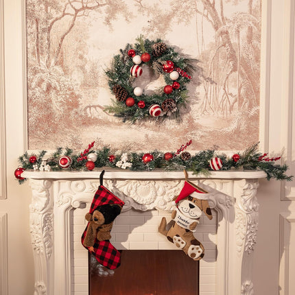 Valery Madelyn Pre-Lit Christmas Wreath for Front Door with Lights, 24 Inch Large Lighted Christmas Wreath with Red White Xmas Ball for Fireplace Window Outdoor Table Centerpiece Holiday Decoration