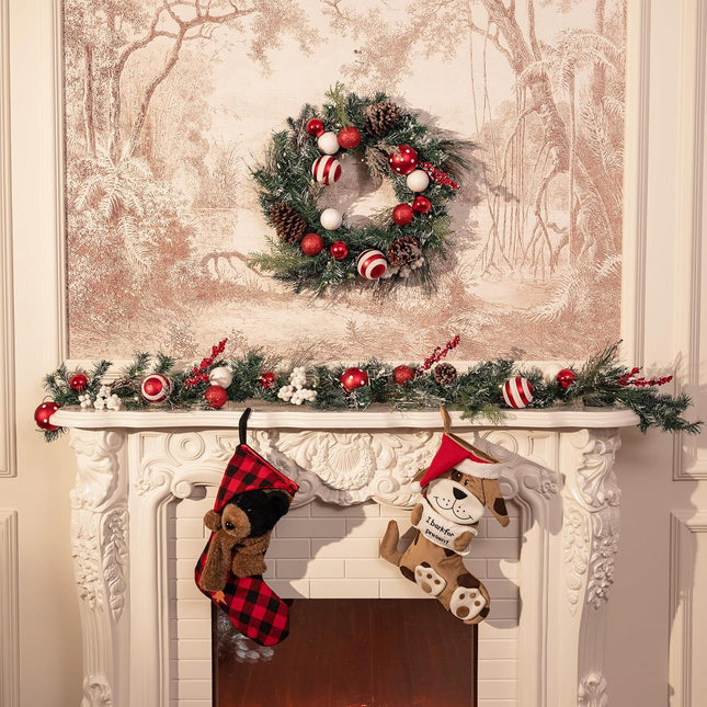 Valery Madelyn Pre-Lit Christmas Wreath for Front Door with Lights, 24 Inch Large Lighted Christmas Wreath with Red White Xmas Ball for Fireplace Window Outdoor Table Centerpiece Holiday Decoration