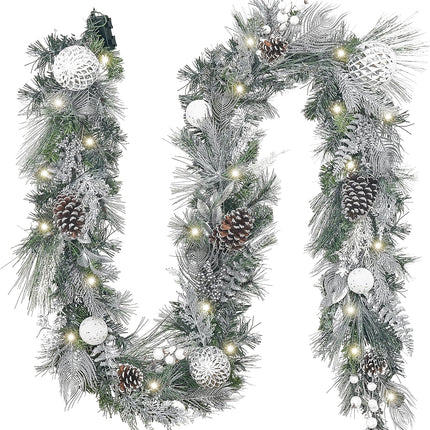Valery Madelyn 9 feet Pre-Lit Christmas Garland with Lights for Mantle, Lighted Battery Operated Xmas Garland with Royal Silver White Balls for Front Door Fireplace Table Centerpiece Outdoor Decor