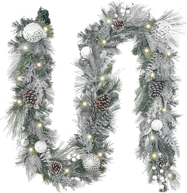 Valery Madelyn 9 feet Pre-Lit Christmas Garland with Lights for Mantle, Lighted Battery Operated Xmas Garland with Royal Silver White Balls for Front Door Fireplace Table Centerpiece Outdoor Decor