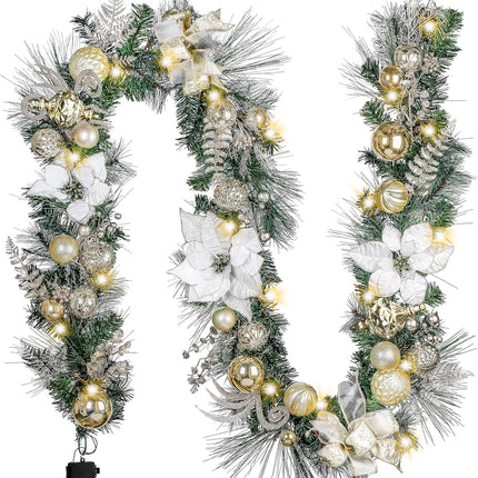 Valery Madelyn 9 feet Pre-Lit Christmas Garland with Lights for Mantle, Lighted Battery Operated Xmas Garland with White Gold Balls for Front Door Fireplace Table Centerpiece Outdoor Window Home Decor