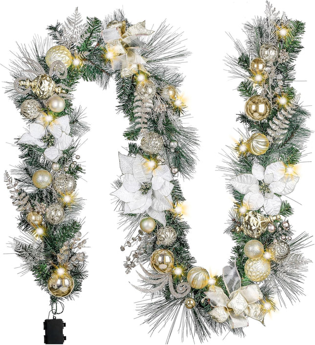 Valery Madelyn 9 feet Pre-Lit Christmas Garland with Lights for Mantle, Lighted Battery Operated Xmas Garland with White Gold Balls for Front Door Fireplace Table Centerpiece Outdoor Window Home Decor