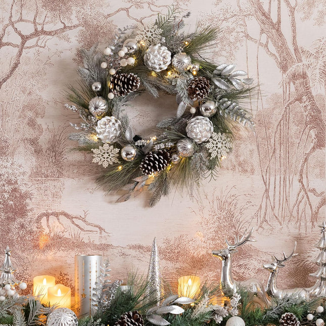 Valery Madelyn 24 Inch Pre-Lit Christmas Wreath for Front Door with Lights, Large Lighted Christmas Wreath with Silver Xmas Balls Snowflakes for Fireplace Window Outdoor Table Centerpiece Decoration