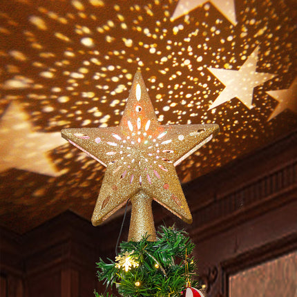 Joiedomi Christmas Tree Topper Lighted Gold Glitter Star with Adjustable Rotating Magic Star Projector Lights 3D Hollow Star for Xmas Decorations Home Party Wedding Bedroom Indoor Decor