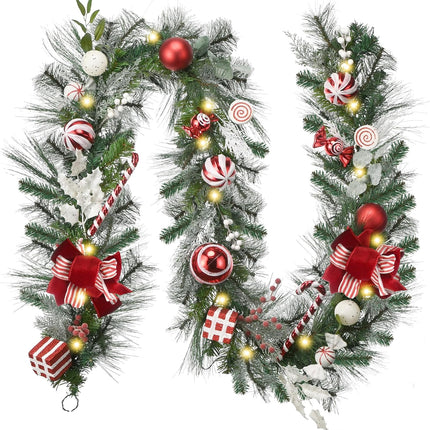 Valery Madelyn 9 feet Pre-Lit Christmas Garland with Lights for Mantle, Lighted Battery Operated Candy Cane Xmas Garland with Red White Balls for Front Door Fireplace Table Centerpiece Outdoor Decor