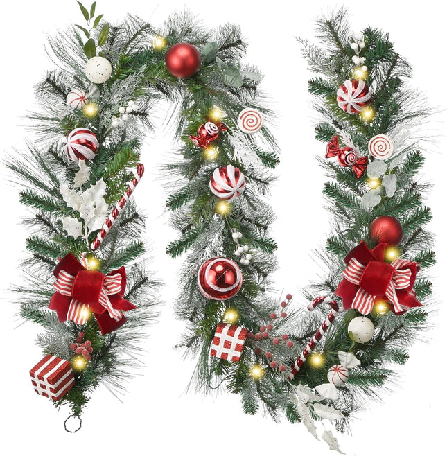 Valery Madelyn 9 feet Pre-Lit Christmas Garland with Lights for Mantle, Lighted Battery Operated Candy Cane Xmas Garland with Red White Balls for Front Door Fireplace Table Centerpiece Outdoor Decor