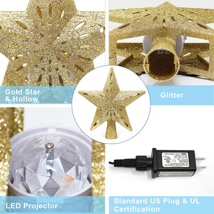 Joiedomi Christmas Tree Topper Lighted Gold Glitter Star with Adjustable Rotating Magic Star Projector Lights 3D Hollow Star for Xmas Decorations Home Party Wedding Bedroom Indoor Decor