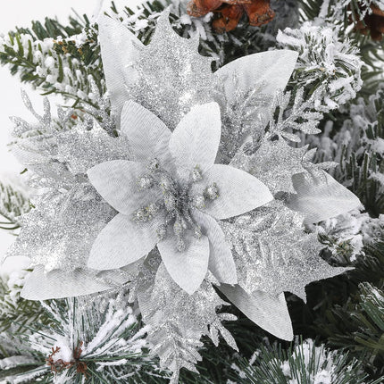 15pcs Christmas Silvery Poinsettia Flowers Artificial with Clips and Stems Christmas Tree Ornaments Glitter Poinsettia Christmas Decorations for Xmas Wreath Holiday Party Décor