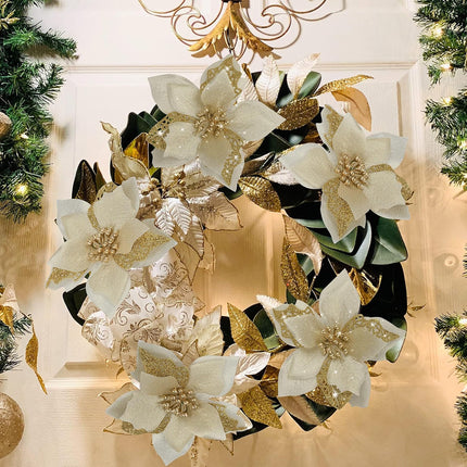 12 PCS Poinsettia Flower Artificial Poinsettia Christmas Decoration 5.9'' Gold Glitter Poinsettias Christmas Ornaments Christmas Tree Flower Decor with Clips DIY Xmas Wreath Holiday Home Party Decor