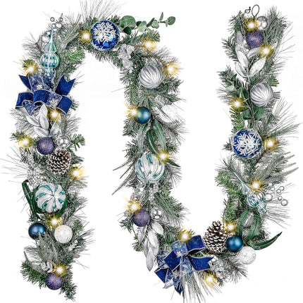 Valery Madelyn 9 feet Pre-Lit Christmas Garland with Lights for Mantle, Lighted Battery Operated Xmas Garland with Silver Blue Balls Ribbons for Front Door Fireplace Table Centerpiece Outdoor Decor