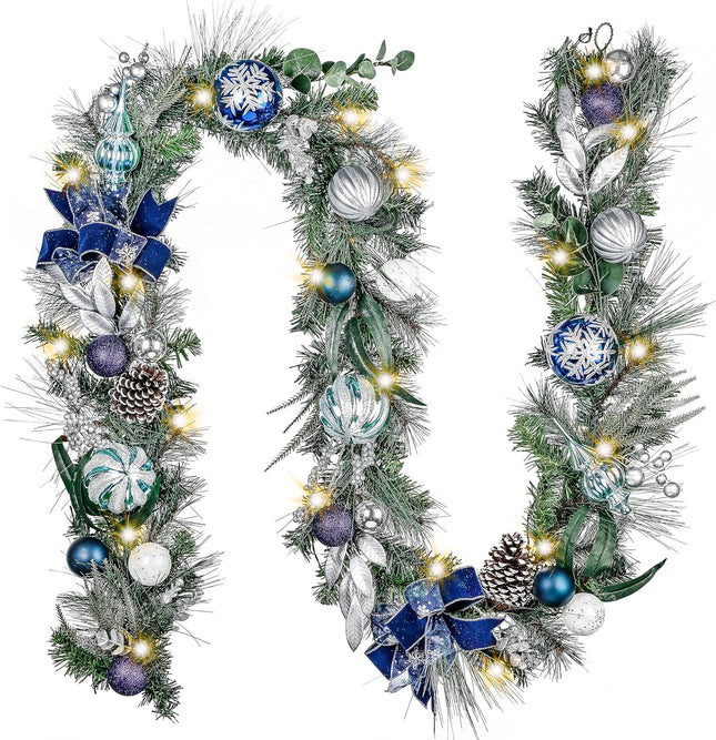Valery Madelyn 9 feet Pre-Lit Christmas Garland with Lights for Mantle, Lighted Battery Operated Xmas Garland with Silver Blue Balls Ribbons for Front Door Fireplace Table Centerpiece Outdoor Decor