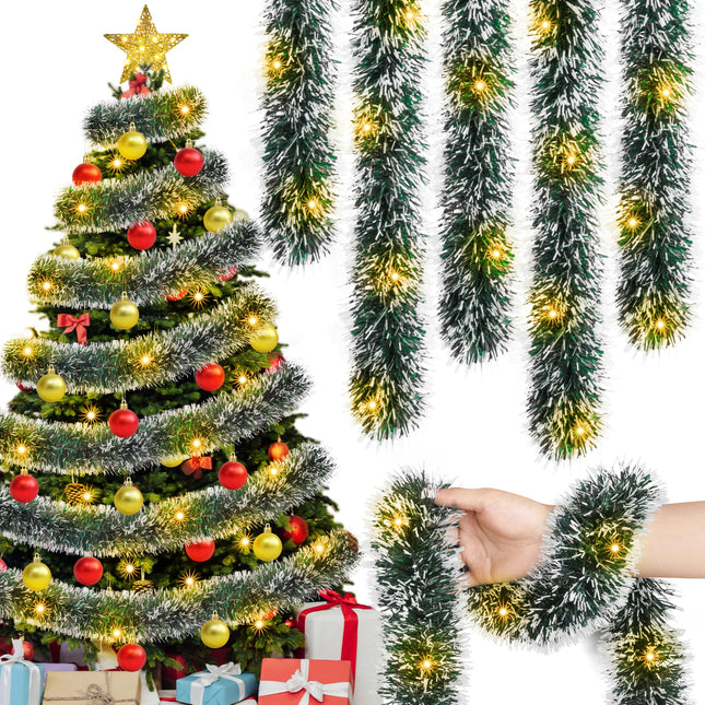 Christmas Tree Garland Set 49Ft Christmas Green Frost Tip Tinsel Garland with Lights Christmas Tree Star Topper and 24 Pack Mini Christmas Ornaments Balls for Xmas Decor Supplies