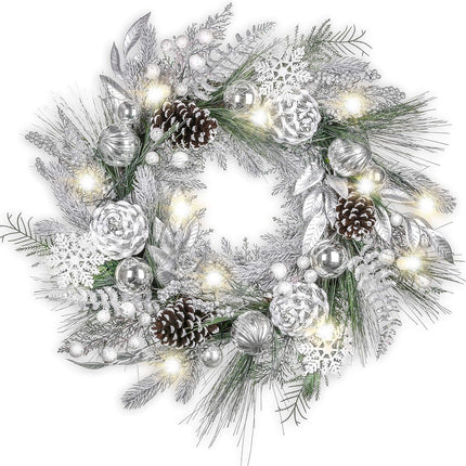 Valery Madelyn 24 Inch Pre-Lit Christmas Wreath for Front Door with Lights, Large Lighted Christmas Wreath with Silver Xmas Balls Snowflakes for Fireplace Window Outdoor Table Centerpiece Decoration